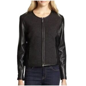 Eileen Fisher Black Leather Wool Zip Up Jacket Size M Moto